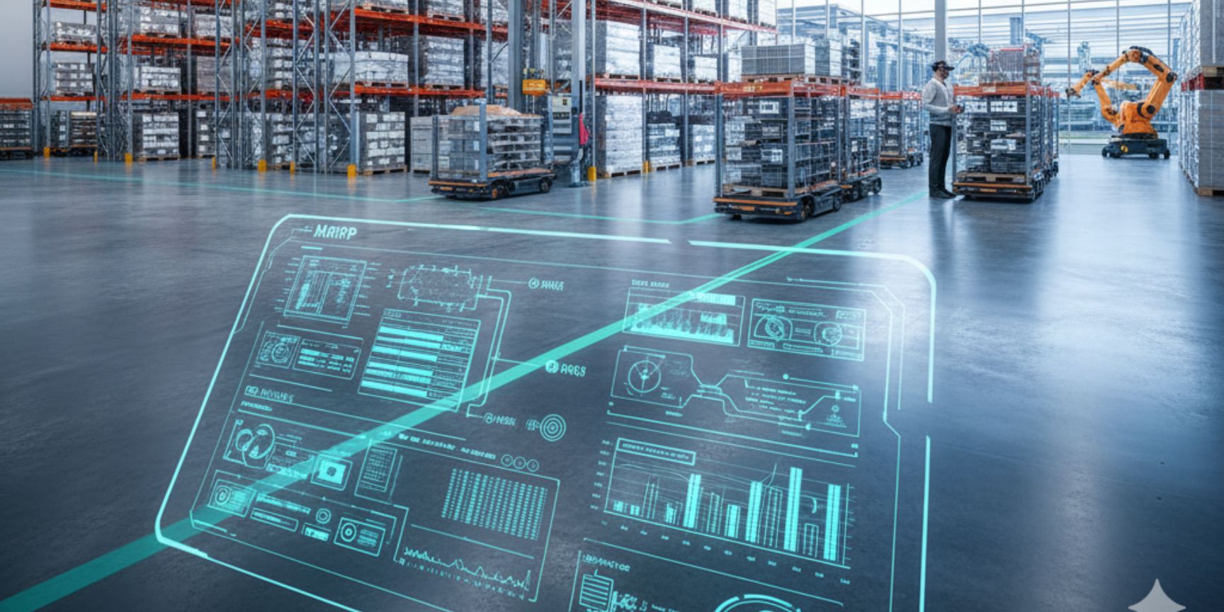 Futuristic warehouse with racking systems and automated transports, in the foreground a transparent hologram with data and diagrams for material requirements planning (MRP). An employee monitors the processes in the background. The picture symbolizes the digital control of warehouse logistics